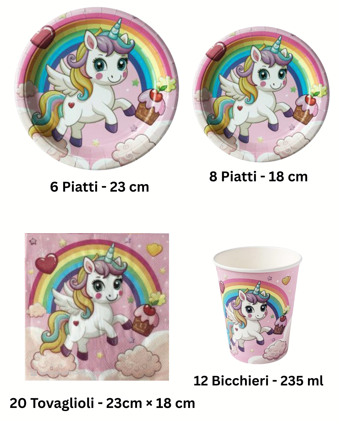Set Festa Unicorno Arcobaleno – Piatti, Bicchieri e Tovaglioli (46 Pezzi)