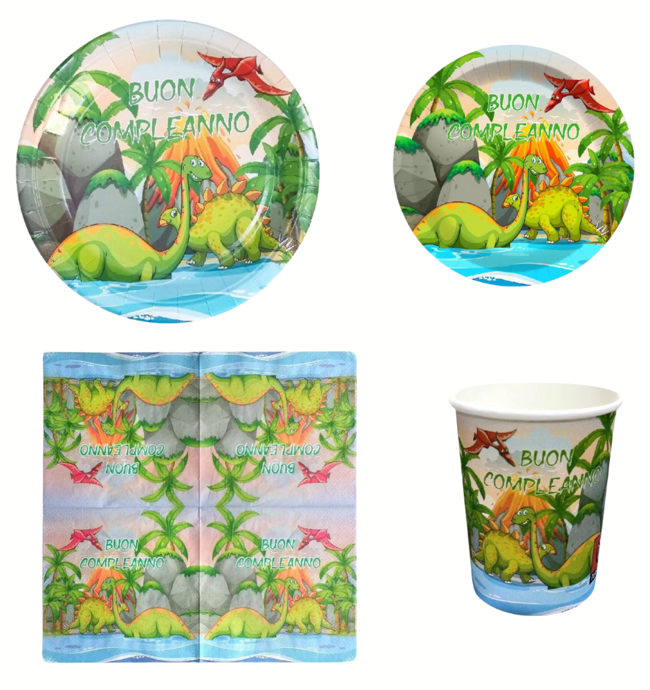 Kit Decorazioni Festa a Tema Dinosauri – Piatti, Bicchieri e Tovaglioli "Buon Compleanno"