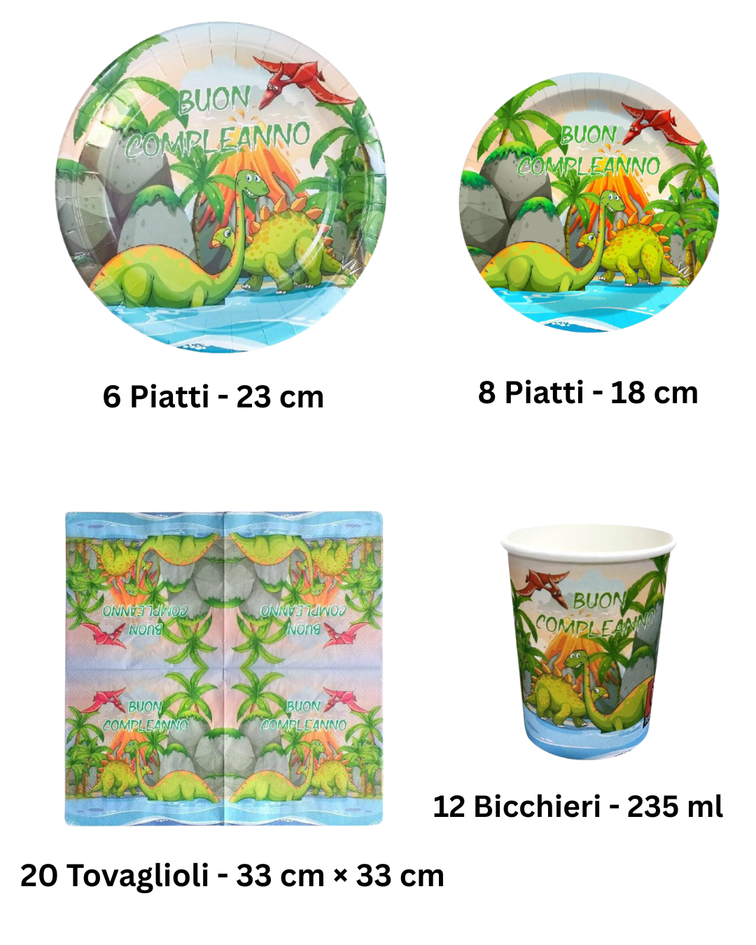 Kit Decorazioni Festa a Tema Dinosauri – Piatti, Bicchieri e Tovaglioli "Buon Compleanno"