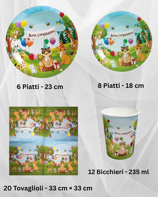Set Festa Compleanno Animali della Giungla – Piatti, Bicchieri e Tovaglioli "Buon Compleanno"