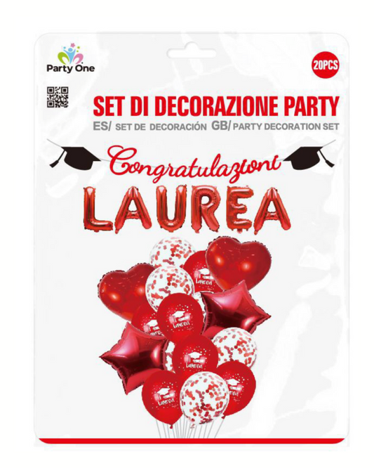 SET DECORAZIONE PARTY LAUREA – 20 Palloncini “Congratulazioni” Rosso/Bianco