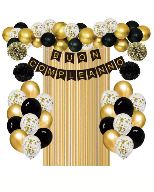 Set Decorazioni Festa Buon Compleanno - 67 Pezzi, Nero Oro e Bianco con Palloncini e Ghirlanda