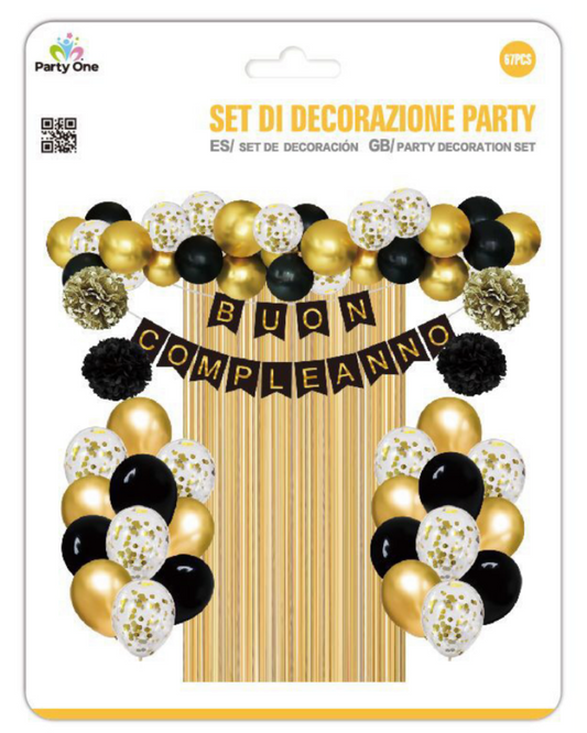 Set Decorazioni Festa Buon Compleanno - 67 Pezzi, Nero Oro e Bianco con Palloncini e Ghirlanda