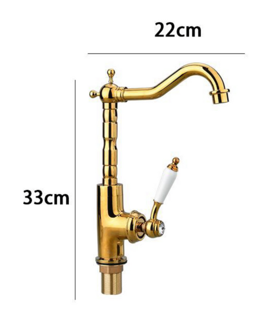 Rubinetto da Cucina in Ottone Dorato Stile Retrò – Monocomando con Manico in Ceramica