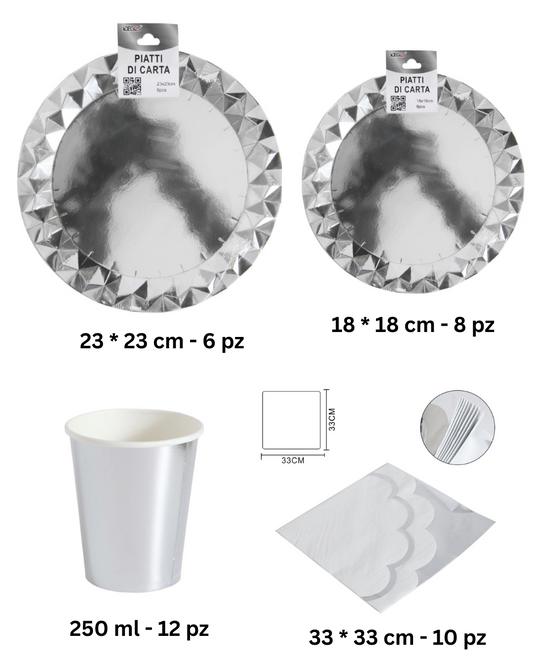 Set Festa Elegante in Carta – Argento Metallizzato (Piatti, Bicchieri, Tovaglioli)