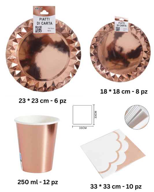 Set Festa Elegante in Carta – Rose Gold Metallizzato (Piatti, Bicchieri, Tovaglioli)