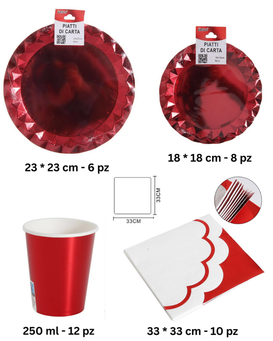 Set Festa in Carta – Rosso Metallizzato (Piatti, Bicchieri, Tovaglioli Coordinati)