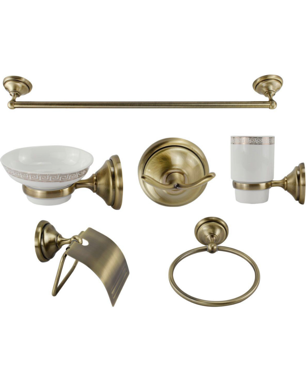 Set Bagno 5 Pezzi In Ottone Brunito Stile Impero - Portasapone, Portacarta, Appendino, Porta Asciugamani 30 E 40 Cm - Made In Italy