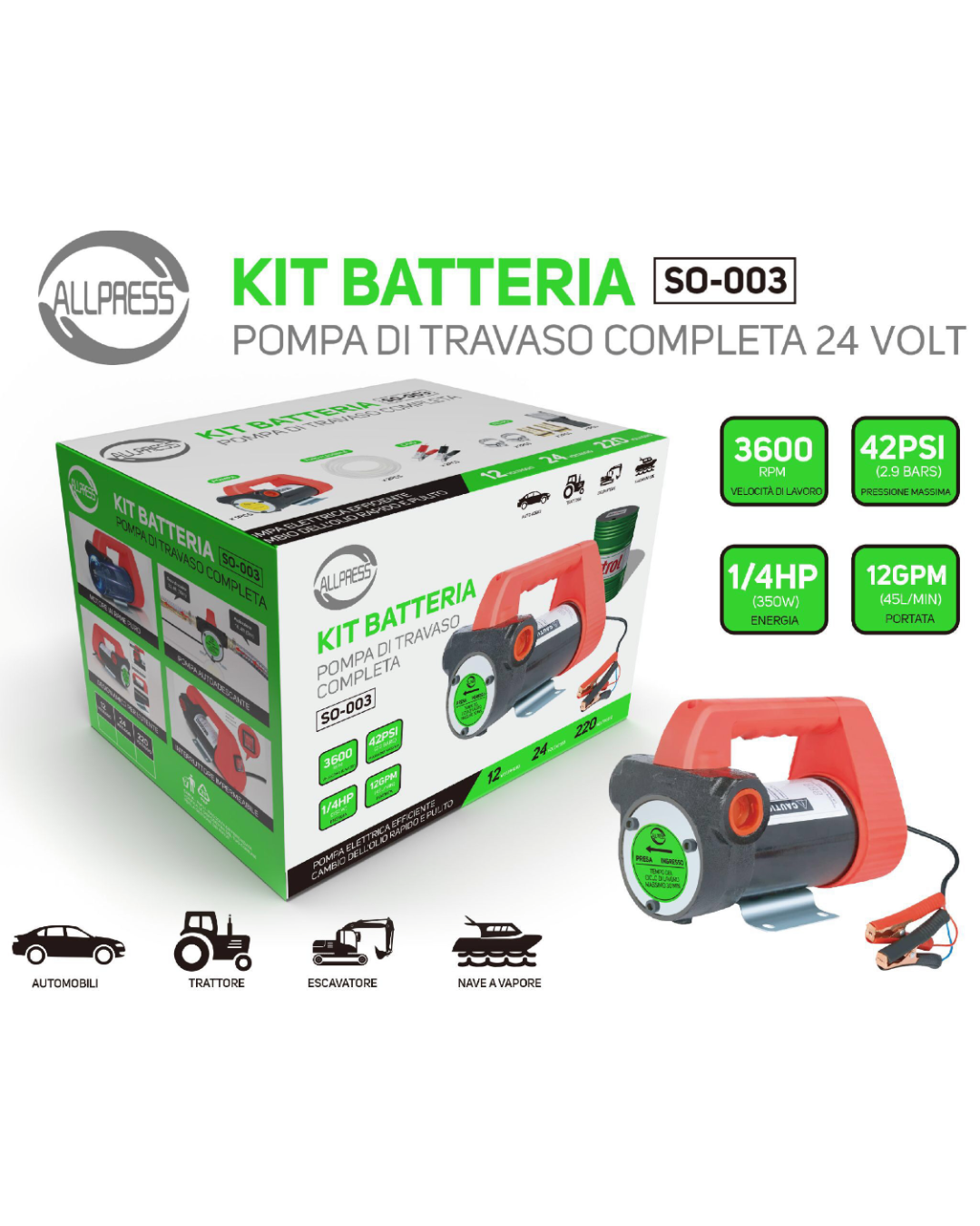 Pompa Travaso Elettrica 24V Kit Batteria SO-003 – 350W, 45L/min, 42 PSI