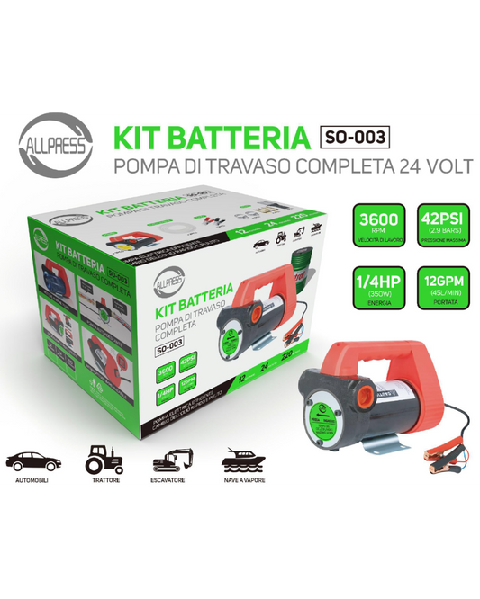 Pompa Travaso Elettrica 24V Kit Batteria SO-003 – 350W, 45L/min, 42 PSI