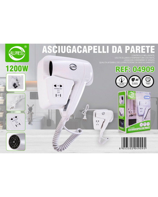 Asciugacapelli da Parete 1200W Allpress con Presa Rasoio – Ideale per Hotel e Bagni Pubblici