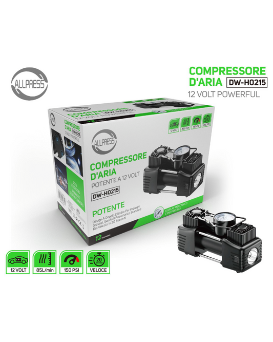 Compressore d’Aria Portatile 12V 150 PSI con Manometro – Gonfiatore Auto Potente