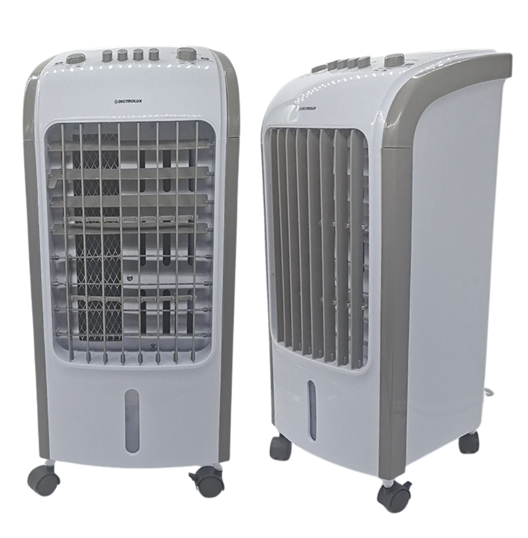 raffrescatore portatile 80w con serbatoio 4l e funzione swing raffrescatore evaporativo con 2 ice box inclusi su ruote dettaglio pannello comandi raffrescatore portatile 3 velocità vista laterale raffrescatore compatto dimensioni 58x25x26 cm raffrescament