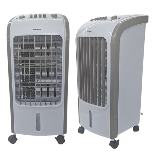 raffrescatore portatile 80w con serbatoio 4l e funzione swing raffrescatore evaporativo con 2 ice box inclusi su ruote dettaglio pannello comandi raffrescatore portatile 3 velocità vista laterale raffrescatore compatto dimensioni 58x25x26 cm raffrescament