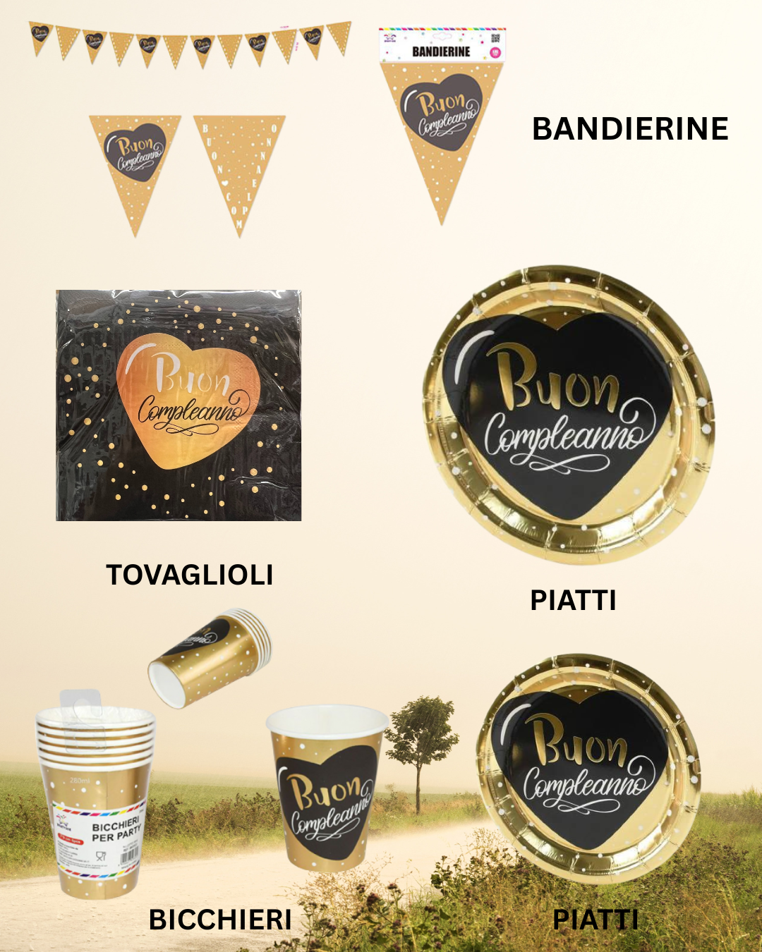 Kit Decorazioni Festa Buon Compleanno - Oro e Nero
