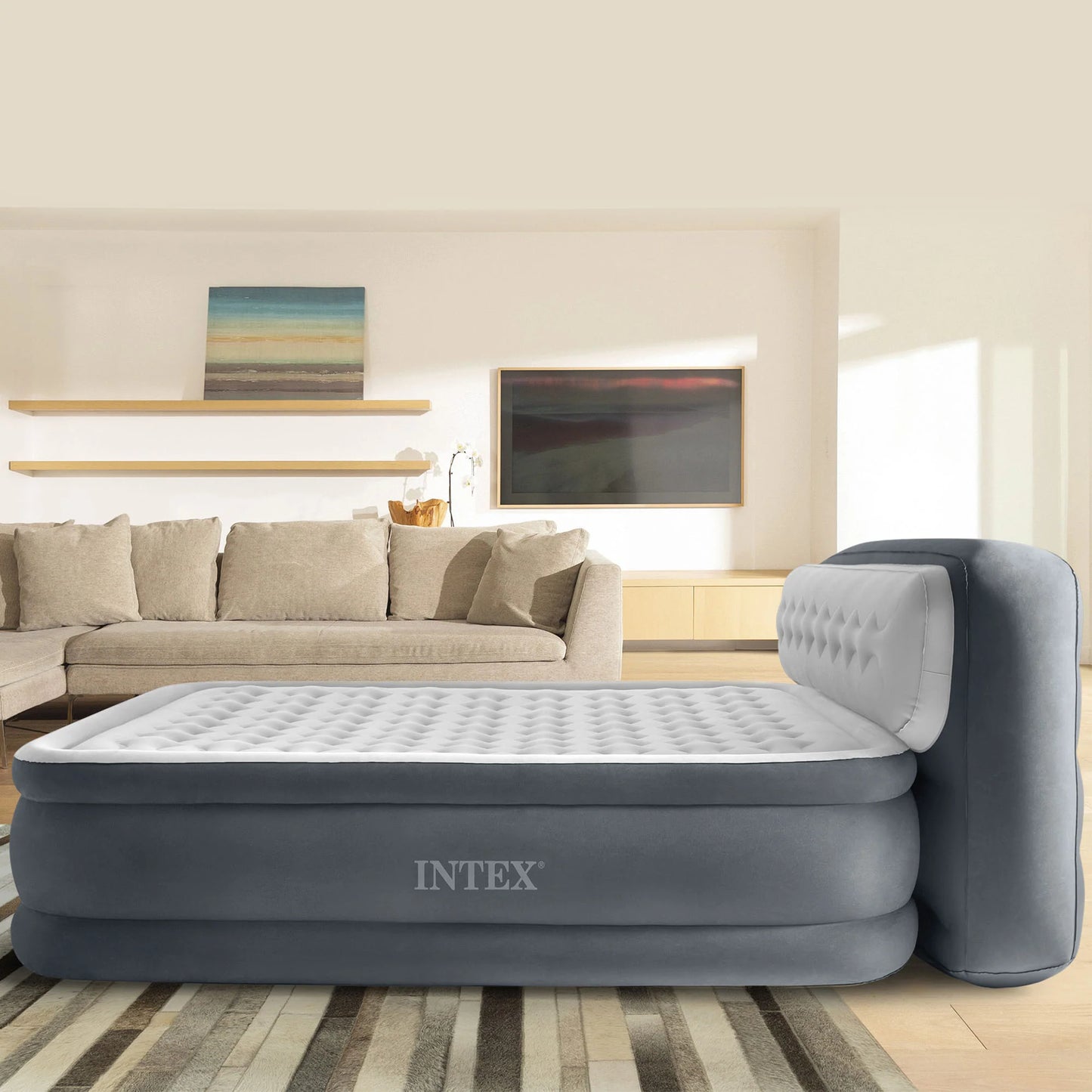 Materasso Gonfiabile Matrimoniale Intex Dura-Beam Deluxe con Testiera – 236x152x86 cm – Pompa Integrata