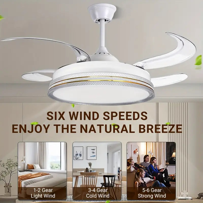 Ventilatore da Soffitto 48" con Pale Retrattili e Luce LED 72W – 3 Colori, Motore Silenzioso, Telecomando