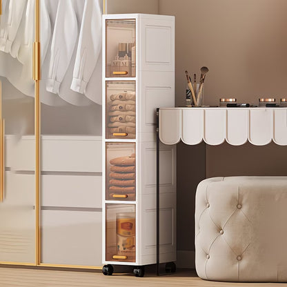 Mobiletto Salvaspazio Bagno Stretto 4 Ripiani con Ruote, Armadietto Portaoggetti Impilabile in Plastica con Anta Trasparente Flip-Top, Organizer Slim per Bagno, Cucina e Camera