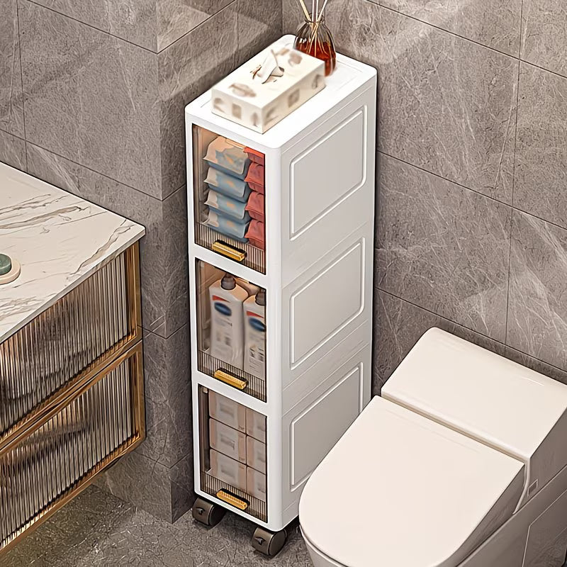 Mobiletto Salvaspazio Bagno Stretto 4 Ripiani con Ruote, Armadietto Portaoggetti Impilabile in Plastica con Anta Trasparente Flip-Top, Organizer Slim per Bagno, Cucina e Camera