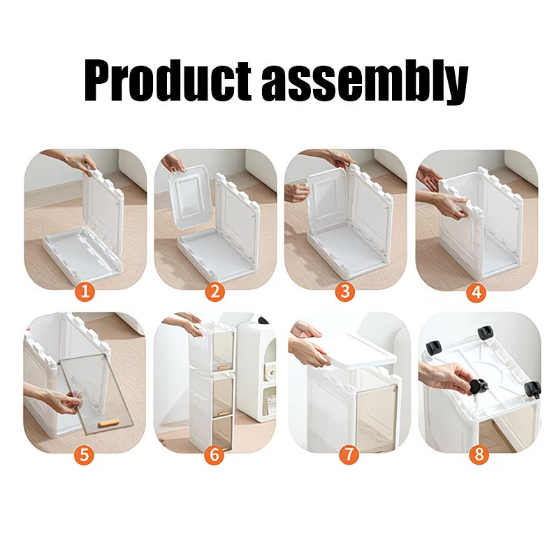 Mobiletto Salvaspazio Bagno Stretto 4 Ripiani con Ruote, Armadietto Portaoggetti Impilabile in Plastica con Anta Trasparente Flip-Top, Organizer Slim per Bagno, Cucina e Camera