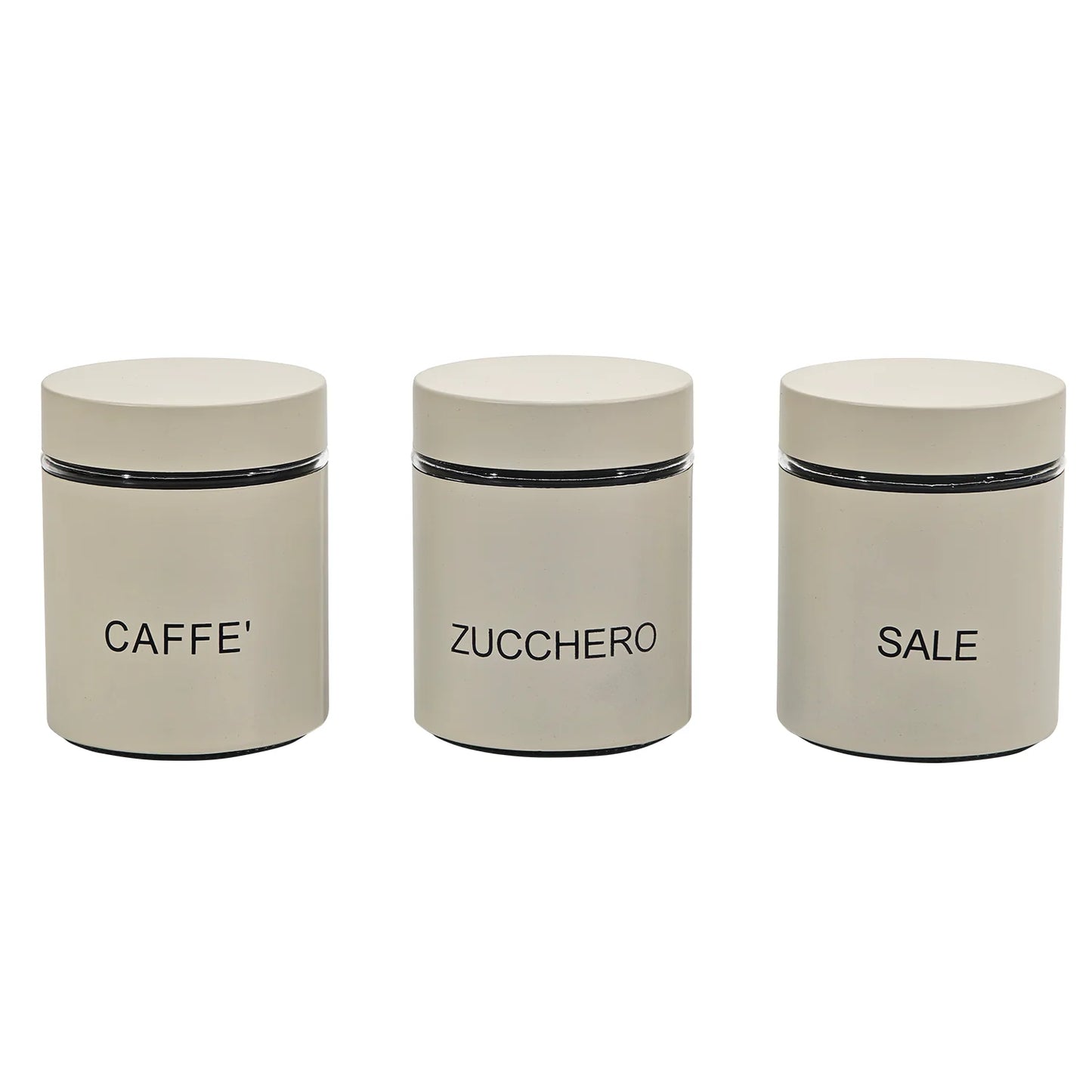 Set 3 Barattoli da Cucina 75 cl – Caffè, Zucchero, Sale – Vetro con Coperchio Inox – Colore Crema Opaco