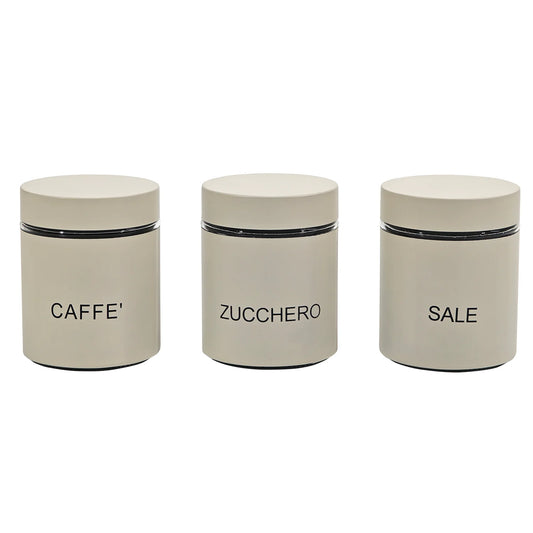 Set 3 Barattoli da Cucina 75 cl – Caffè, Zucchero, Sale – Vetro con Coperchio Inox – Colore Crema Opaco