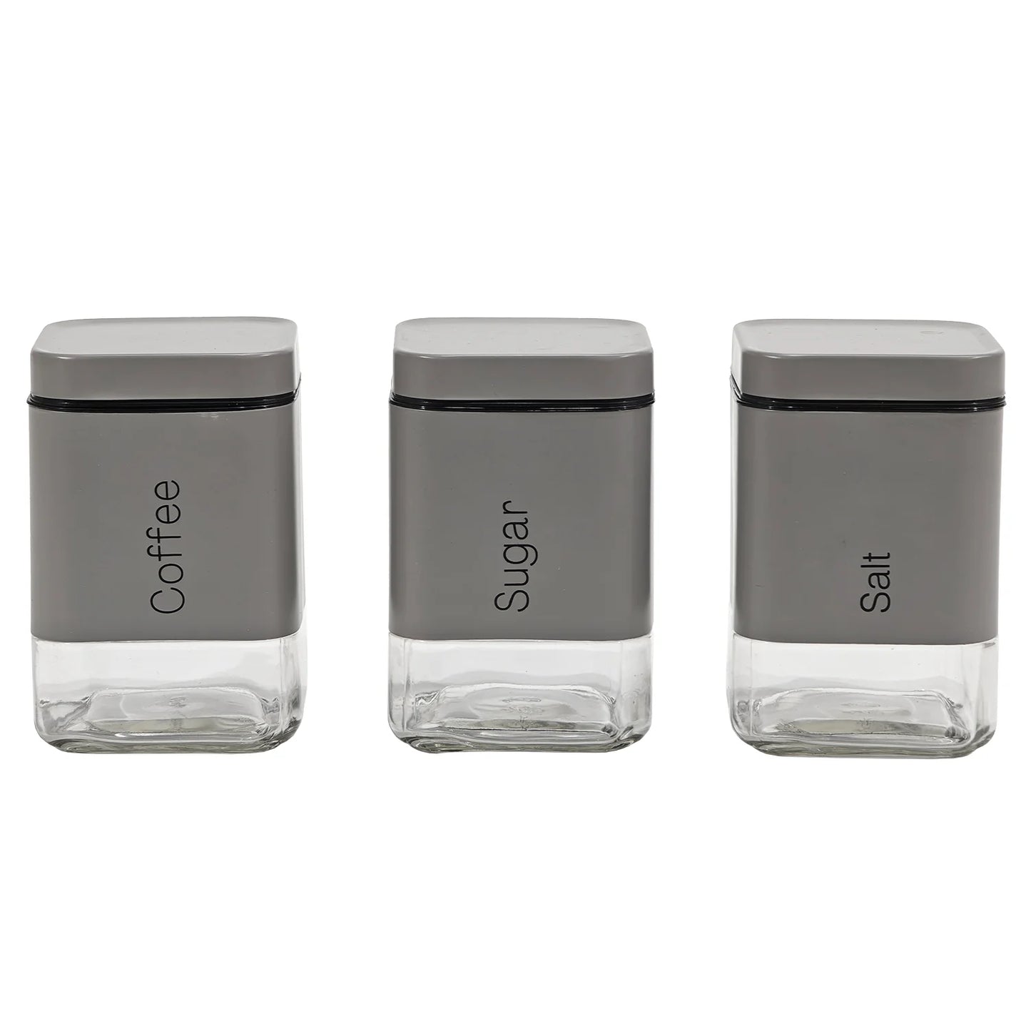 Set 3 Barattoli da Cucina 80 cl – Caffè, Zucchero, Sale – Vetro e Coperchio Inox – Grigio Opaco