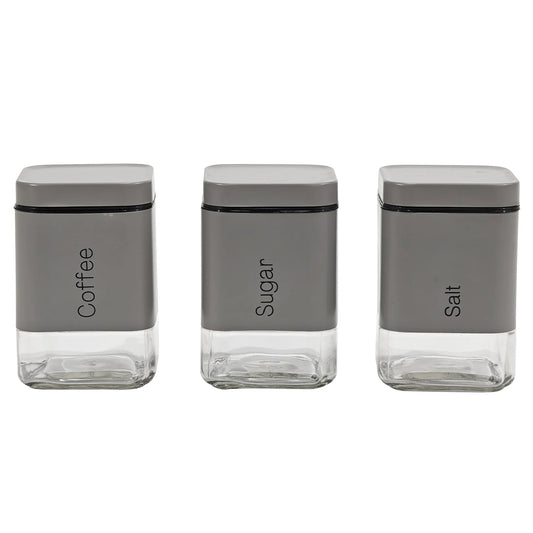 Set 3 Barattoli da Cucina 80 cl – Caffè, Zucchero, Sale – Vetro e Coperchio Inox – Grigio Opaco