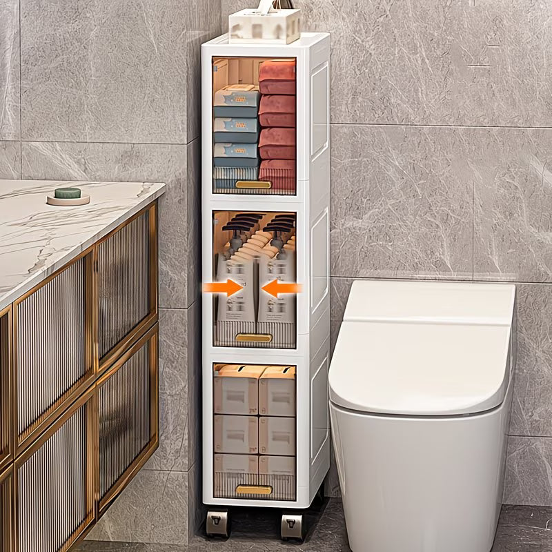 Mobiletto Salvaspazio Bagno Stretto 4 Ripiani con Ruote, Armadietto Portaoggetti Impilabile in Plastica con Anta Trasparente Flip-Top, Organizer Slim per Bagno, Cucina e Camera