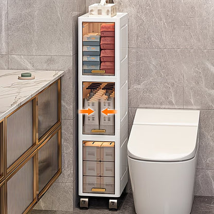 Mobiletto Salvaspazio Bagno Stretto 4 Ripiani con Ruote, Armadietto Portaoggetti Impilabile in Plastica con Anta Trasparente Flip-Top, Organizer Slim per Bagno, Cucina e Camera