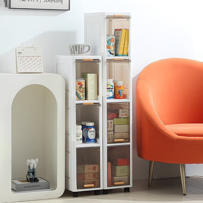 Mobiletto Salvaspazio Bagno Stretto 4 Ripiani con Ruote, Armadietto Portaoggetti Impilabile in Plastica con Anta Trasparente Flip-Top, Organizer Slim per Bagno, Cucina e Camera
