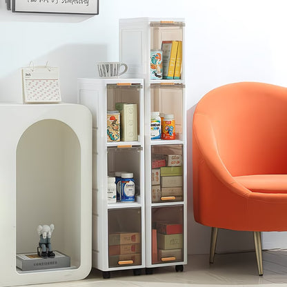 Mobiletto Salvaspazio Bagno Stretto 4 Ripiani con Ruote, Armadietto Portaoggetti Impilabile in Plastica con Anta Trasparente Flip-Top, Organizer Slim per Bagno, Cucina e Camera