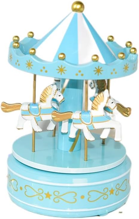 Carillon Giostra Musicale Vintage con Cavalli – Scatola Musicale Decorativa per Bambini e Regalo – Colori Blu e Rosa – Decorazione Cameretta e Cake Topper Elegante