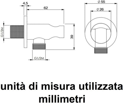 Presa Acqua a Muro Rotonda in Ottone con Supporto Doccetta e Rosetta – Attacco Universale 1/2” – Uscita per Soffione Doccia – Finitura Silver Zenzero