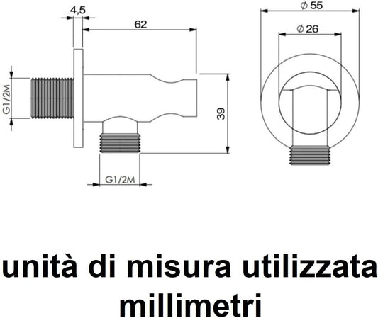 Presa Acqua a Muro Rotonda in Ottone con Supporto Doccetta e Rosetta – Attacco Universale 1/2” – Uscita per Soffione Doccia – Finitura Silver Zenzero