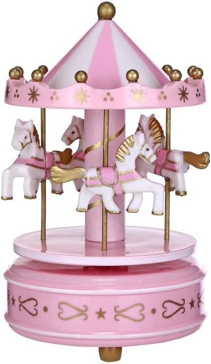 Carillon Giostra Musicale Vintage con Cavalli – Scatola Musicale Decorativa per Bambini e Regalo – Colori Blu e Rosa – Decorazione Cameretta e Cake Topper Elegante