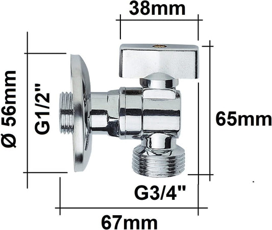 Rubinetto Lavatrice in Ottone con Valvola a Sfera Angolare e Rosetta – Attacco 1/2” Ingresso / 3/4” Uscita – Rubinetto per Carico Acqua Universale – Zenzero