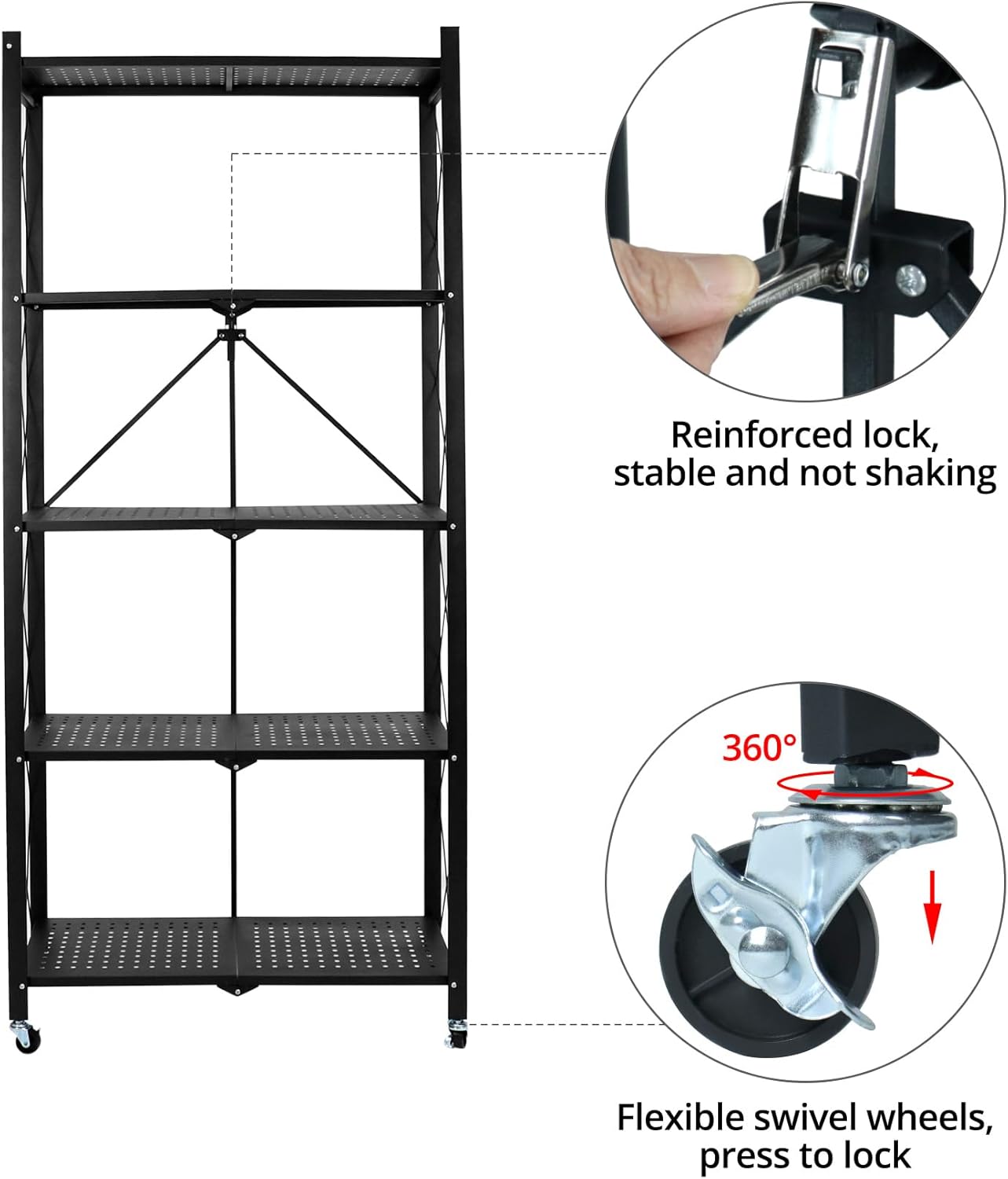 Scaffale Nero in Metallo Pieghevole con Ruote – 5 Ripiani, Nessun Montaggio Richiesto, Capacità 240kg