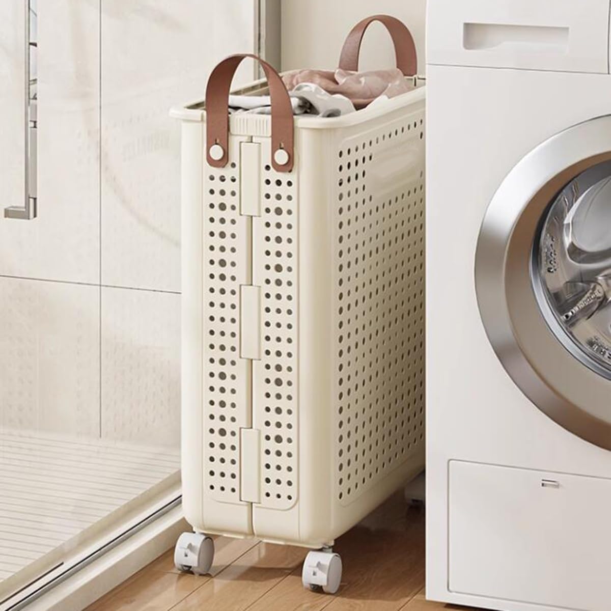 Cesto Portabiancheria Pieghevole con Ruote 45cm – Cesta Lavanderia Salvaspazio con Manici, Design Traspirante, Contenitore Bucato per Casa Bagno Camera