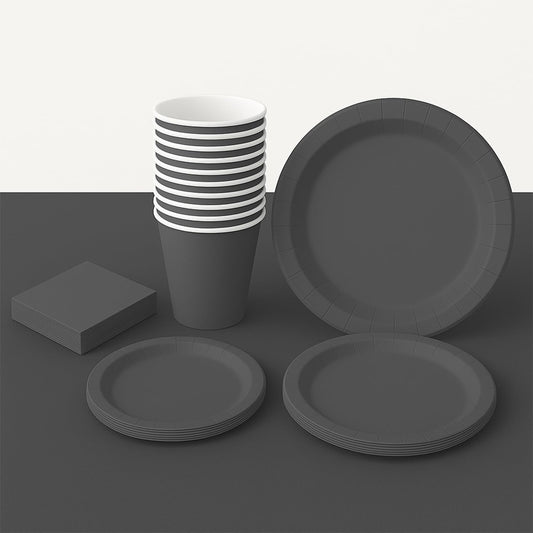 Kit Coordinato Festa Grigio – 77 Pezzi (Piatti, Bicchieri, Tovaglioli, Tovaglia)