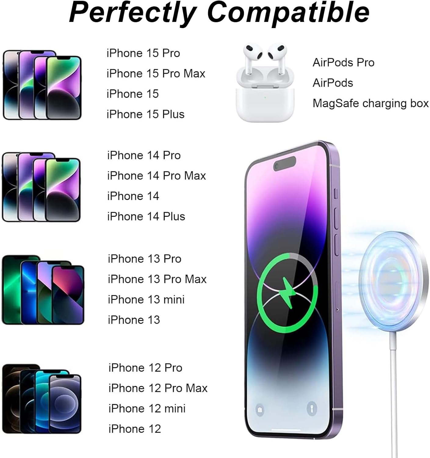 Caricatore Wireless Magnetico 15W con Attacco USB-C – Compatibile MagSafe per iPhone 12, 13, 14, 15 e AirPods – Ricarica Rapida e Sicura