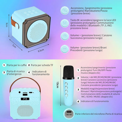 Cassa Karaoke Bluetooth con Microfono Wireless, LED Colorati, Voce Cambiabile, Speaker HIFI – Portatile per Feste e Famiglia