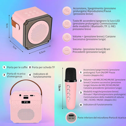 Cassa Karaoke Rosa Bluetooth con Microfono Wireless, LED, Cambiavoci e Speaker HIFI – Portatile per Feste, Bambini e Famiglia