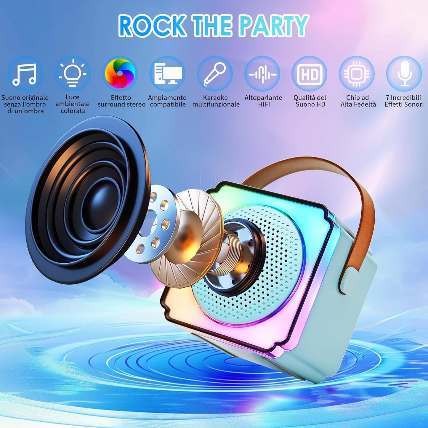 Cassa Karaoke Bluetooth con Microfono Wireless, LED Colorati, Voce Cambiabile, Speaker HIFI – Portatile per Feste e Famiglia