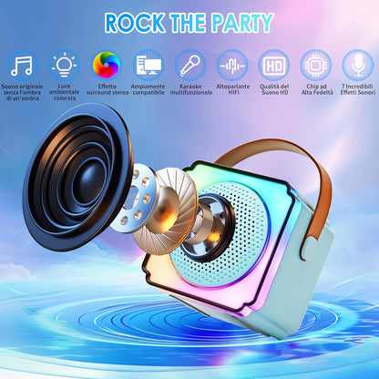 Cassa Karaoke Bluetooth con Microfono Wireless, LED Colorati, Voce Cambiabile, Speaker HIFI – Portatile per Feste e Famiglia