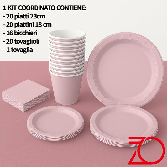Kit Coordinato Festa Rosa Chiaro – Set Monouso 77 Pezzi Romantico