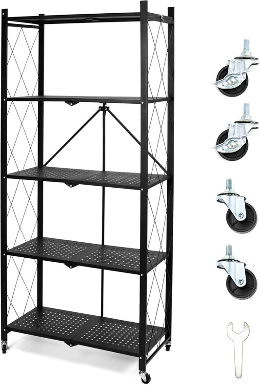 Scaffale Nero in Metallo Pieghevole con Ruote – 5 Ripiani, Nessun Montaggio Richiesto, Capacità 240kg