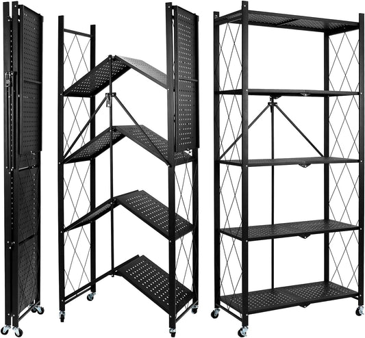 Scaffale Nero in Metallo Pieghevole con Ruote – 5 Ripiani, Nessun Montaggio Richiesto, Capacità 240kg