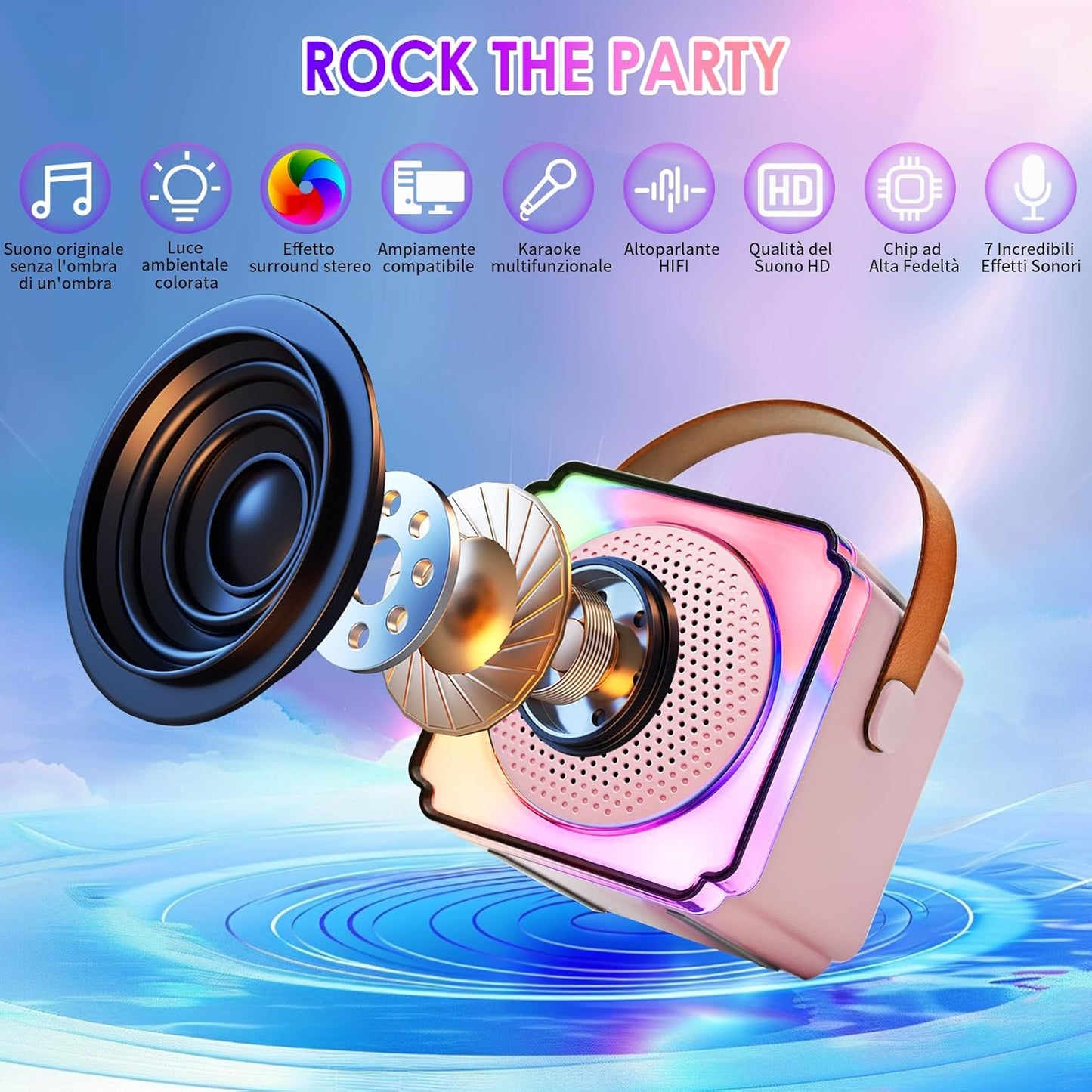 Cassa Karaoke Rosa Bluetooth con Microfono Wireless, LED, Cambiavoci e Speaker HIFI – Portatile per Feste, Bambini e Famiglia