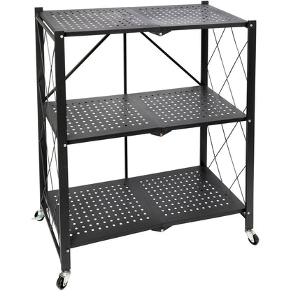 Scaffale Pieghevole Nero con 3 Ripiani in Metallo e Ruote – 87x71x34 cm